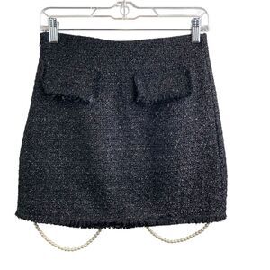 Ozlana Black Tweed Mini Skirt‎ Size S Old Money Preppy Pearl Strands